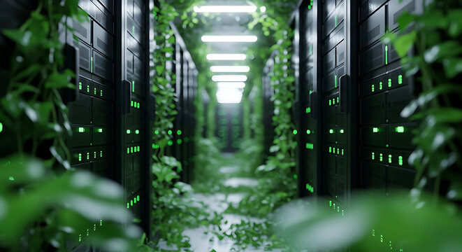 Futuristic green data center with server racks and lush vines, sustainable technology concept