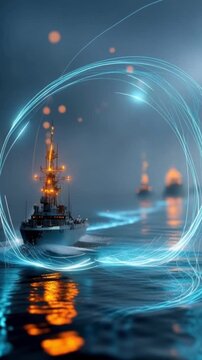 A fleet of naval ships sails through a mystical, glowing sea, surrounded by ethereal blue light trails that create an otherworldly atmosphere.Created with Generative AI, not depicting real subjects.