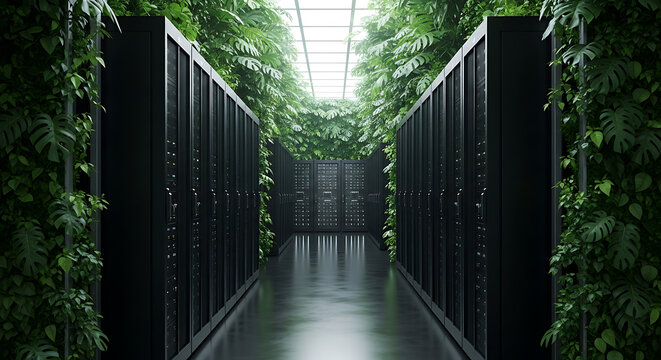 Futuristic high-tech server room with lush green vertical gardens and clean energy concept