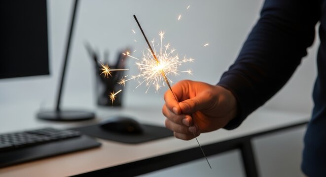 Man holding sparkler illuminates dark workspace with bright golden light, celebrating a special moment at office desk. Person holds glowing firework stick, casting warm ambiance near computer monitor,
