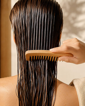 Woman Combing Wet Hair with Wooden Wide Tooth Comb After Shower