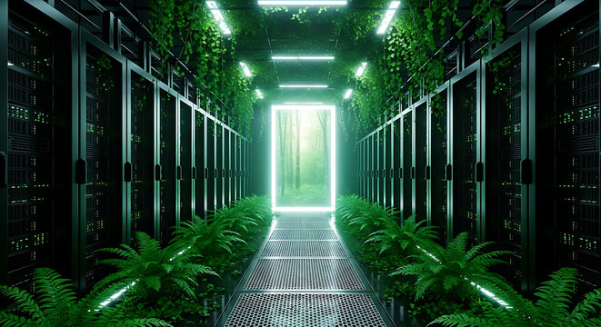 Futuristic green server room corridor with lush plants and glowing exit to nature