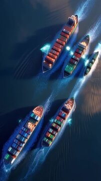 A fleet of cargo ships sails across the sea, leaving trails of light and foam in their wake, showcasing global trade and logistics. ..Created with Generative AI, not depicting real subjects.