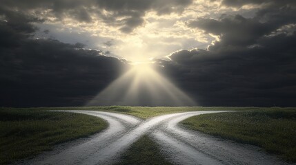 Fototapeta premium uncertainty. A fork in an empty road under moody clouds, symbolizing life's pivotal decisions. wellbeing guides, coaching materials, designed for coaching and self-improvement content.