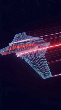 Futuristic wireframe aircraft with glowing red lights streaks across a dark background, symbolizing advanced technology and speed. ..Created with Generative AI, not depicting real subjects.