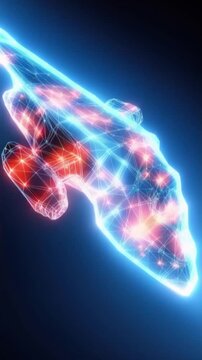 A glowing abstract network structure with pulsating red and blue lights on a dark background, representing connectivity and complex data. ..Created with Generative AI, not depicting real subjects.