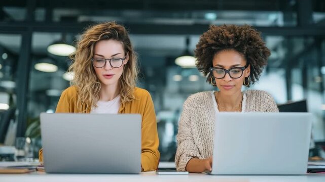 Two diverse women concentrating on their laptops, working side by side at an office desk