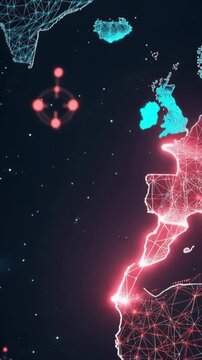 A futuristic digital representation of global connections, showcasing illuminated world map outlines with glowing network nodes. ..Created with Generative AI, not depicting real subjects.