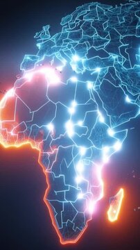A glowing digital map of Africa, with neon lines illuminating its borders and connecting cities. ..Created with Generative AI, not depicting real subjects.