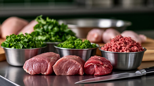 Assorted raw meat products like pork tenderloin. Beef. Ground beef. And chicken are arranged with fresh parsley in stainless steel bowls on a professional kitchen surface