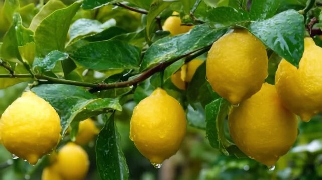 Ripe citrus fruits with raindrops on green leaves of a lemon tree
