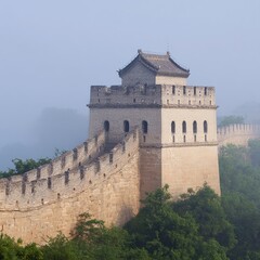Fototapeta premium A majestic segment of the Great Wall is shrouded in morning mist, surrounded by lush greenery, This serene image is ideal for travel, history, or cultural themes in various media,
