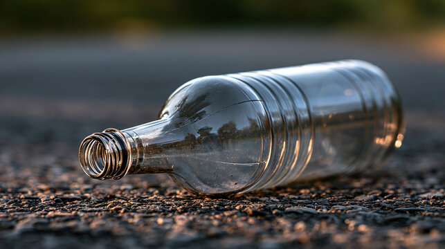 Empty plastic bottle discarded on an asphalt road, symbolizing environmental pollution, waste, littering, and the critical need for recycling and responsible consumption