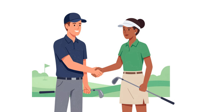 Professional Golfer Handshake on Green Course with Golf Clubs