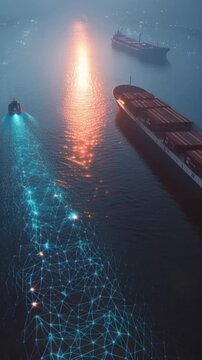 Futuristic shipping vessels navigate a foggy waterway, a smaller boat leaving a glowing digital network trail. ..Created with Generative AI, not depicting real subjects.