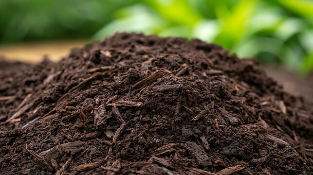 Rich dark compost soil with wood chips for organic gardening, planting, and sustainable agriculture, providing natural nutrients for healthy plant growth, copy space