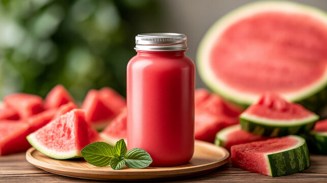 Watermelon juice bottle on a wooden plate. Fresh mint leaves adding garnish. Surrounded by ripe watermelon slices and a half watermelon in the background
