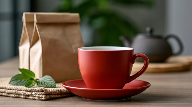 Red ceramic cup and saucer with fresh mint leaves on a napkin, brown paper bag, and traditional dark teapot creating a cozy morning tea setup