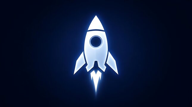 Bright White Rocket Ship Launching Into Dark Blue Sky.