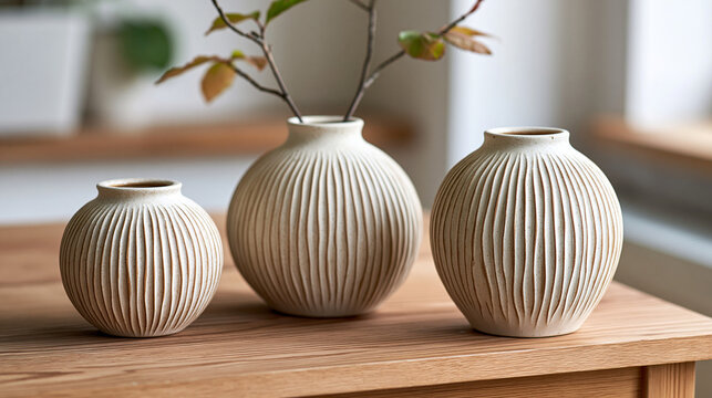 Ceramic vases showing minimalist design and textured surfaces, creating a calming aesthetic for modern home interior decoration and natural living spaces