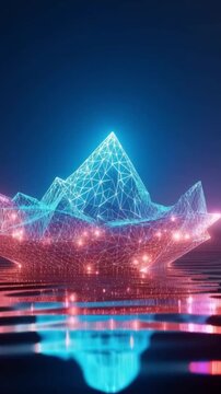 A luminous 3D geometric mountain, constructed from glowing interconnected nodes and illuminated by vibrant neon lights. ..Created with Generative AI, not depicting real subjects.