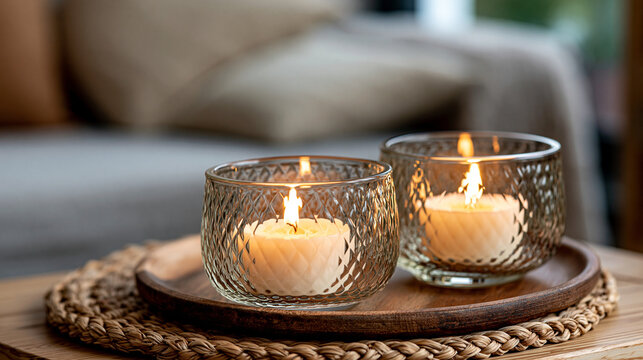 Two burning candles glowing warmly in textured glass holders. Resting on a rustic wooden tray and woven placemat. Creating a cozy. Hygge, copy space