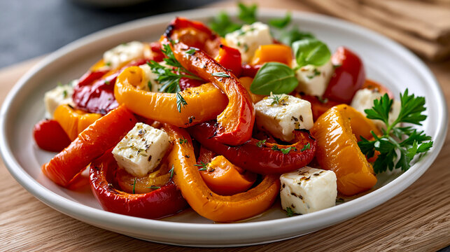 Roasted bell peppers with feta cheese, fresh herbs, and cherry tomatoes, creating a delicious and healthy mediterranean appetizer or side dish