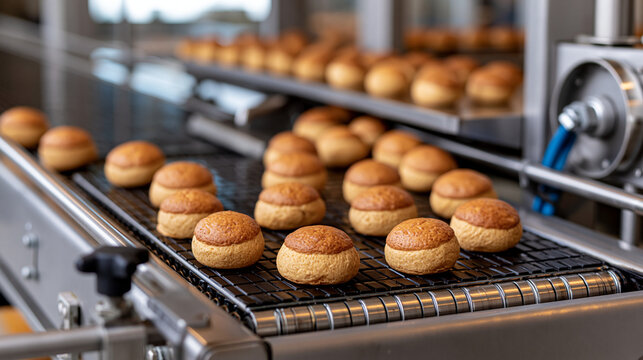 Freshly baked sweet buns moving along a conveyor belt in a modern industrial bakery, demonstrating automated food production, efficiency, and scale in manufacturing