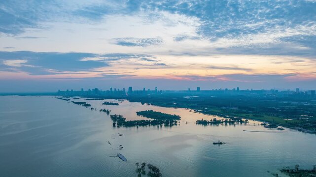Hefei Binhu Forest Wetland Park Chaohu Sunset Aerial Timelapse