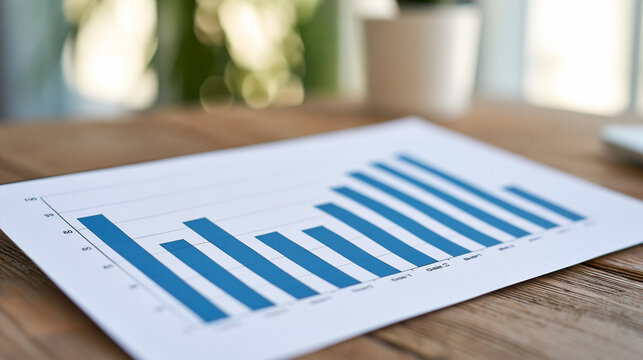 Business document displaying a blue bar chart presenting financial statistics and data analysis. Providing insight into market trends. Company growth, copy space