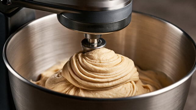 Stand mixer kneading dough in a stainless steel bowl, creating a perfect texture for homemade baking, pastry, and bread preparation in a modern kitchen