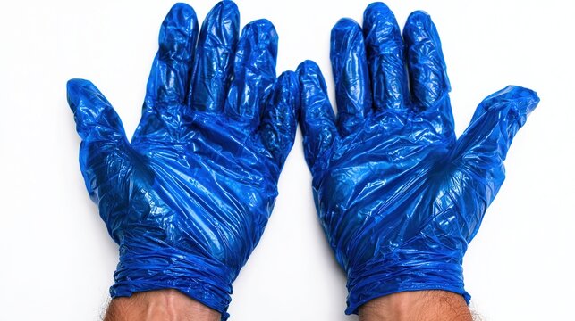 Blue disposable gloves are shown, a symbol of hygiene and protection suitable for use in medical, kitchen, or cleaning environments, emphasizing safety and cleanliness in various tasks,