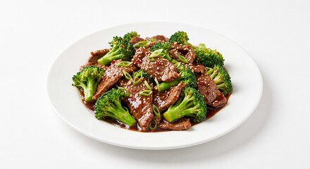 Fototapeta premium Asian Stir-Fried Beef with Fresh Broccoli in Savory Sauce on Clean White Studio Background