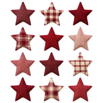 様々な柄と赤色の布製星型オーナメントのコレクション Collection of red and beige fabric star ornaments with various patterns