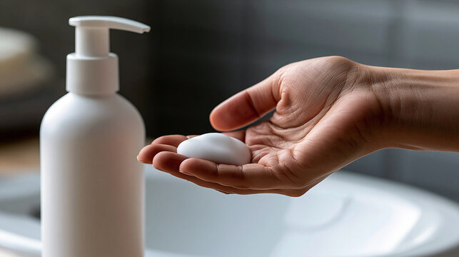 Person receiving a dollop of white foam soap into their open palm from a minimalist pump dispenser. Highlighting concepts of sanitation. Personal hygiene