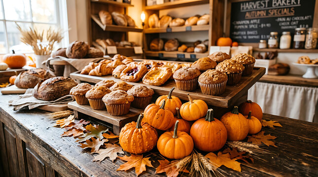 Autumn bakery display with pumpkins and pastries