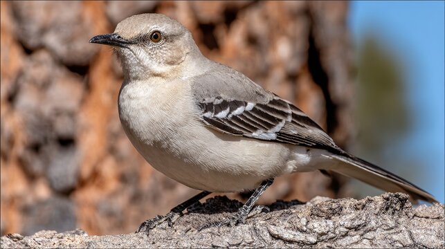 A close-up of a mockingbird perched on a textured surface, showcasing its fine feathers and keen gaze, Ideal for nature-related projects, articles, or educational materials,