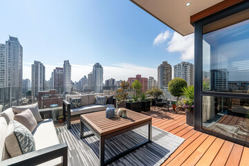 Fototapeta premium Modern rooftop terrace furnished with comfortable outdoor seating and a wooden coffee table overlooking a sprawling city skyline