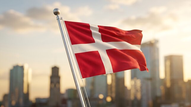 Danish national flag waving on silver flagpole against blurred urban city skyline during golden hour sunset