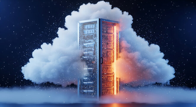 High-tech server rack cabinet in cloud, representing cloud computing and data storage