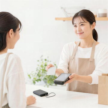 小売店の店員が買い物客に決済端末とカードを提示する接客