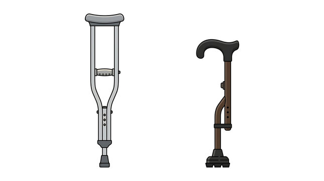 Two Medical Walking Aids A Forearm Crutch and a Foldable Cane on a White Background