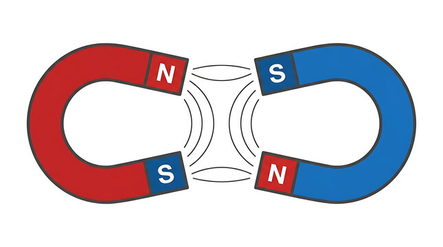 Two opposing horseshoe magnets with their poles facing each other showing magnetic field lines in a simple diagram on a white background