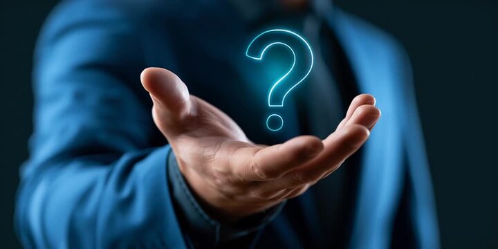 Businessman holding glowing digital question mark hologram over extended hand for problem solving. motion. video
