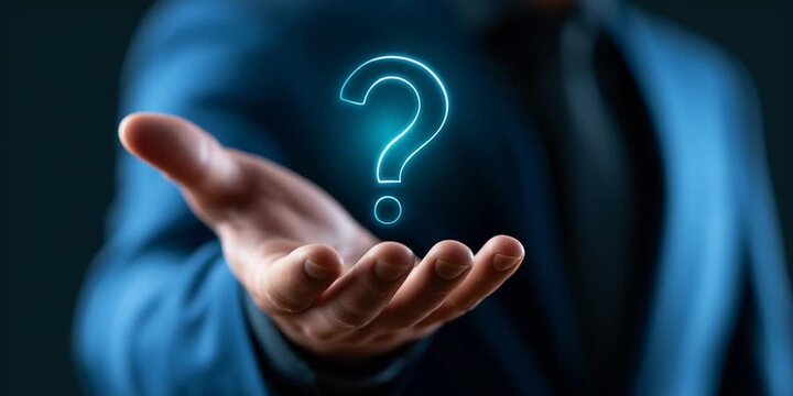 Businessman holding glowing digital question mark hologram over extended hand for problem solving. motion. video