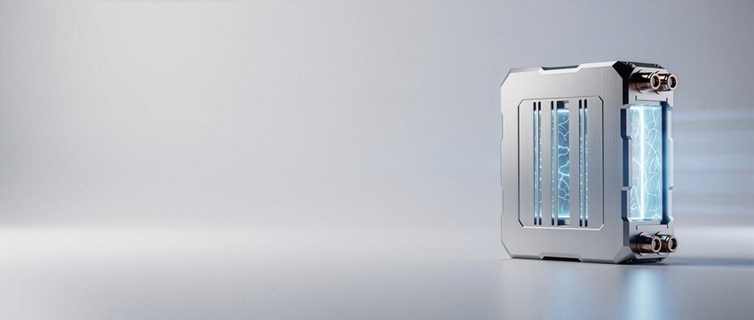 Panoramic 21:9 3D render of a futuristic solid-state battery cell pack on the right with white copy space