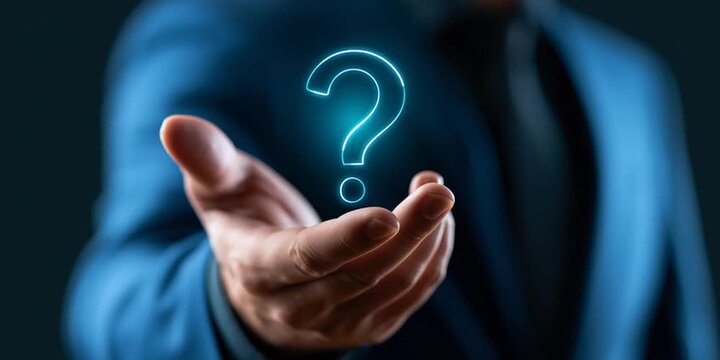 Businessman holding glowing digital question mark hologram over extended hand for problem solving. motion. video