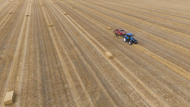 Aerial view of a blue tractor pulling a baler through a harvested field with rows of hay bales in Middenmeer, North Holland, Netherlands.