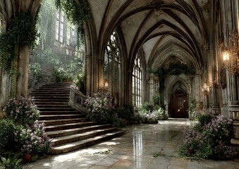 Fototapeta premium Enchanted Hallway - A Gothic Interior with Lush Greenery and Sunlight.