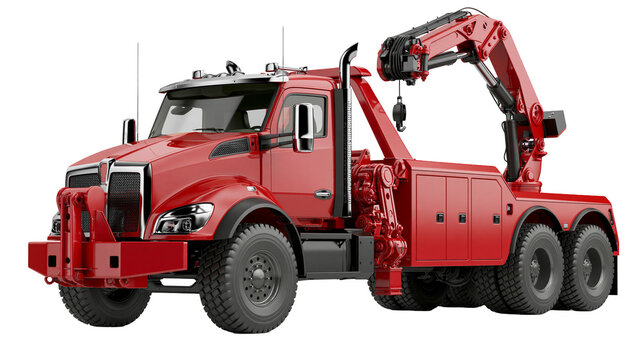 Red heavy duty tow truck with crane and winch